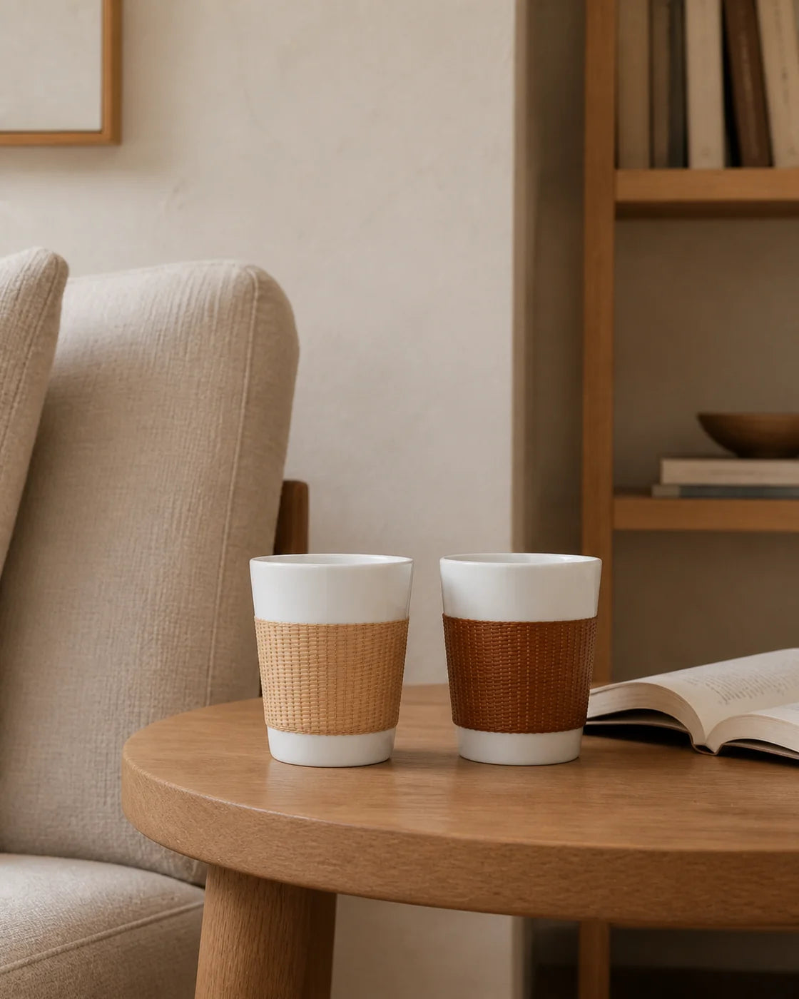 Bamboo over Porcelain cups in a quiet reading corner
