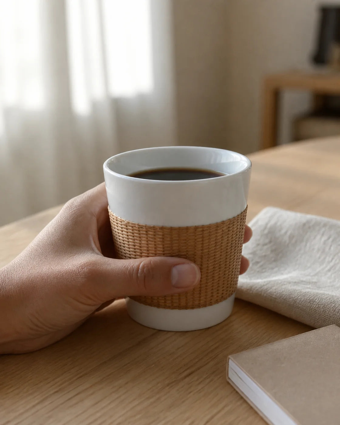 Natural Bamboo over Porcelain cup with morning coffee
