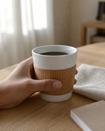 Natural Bamboo over Porcelain cup with morning coffee