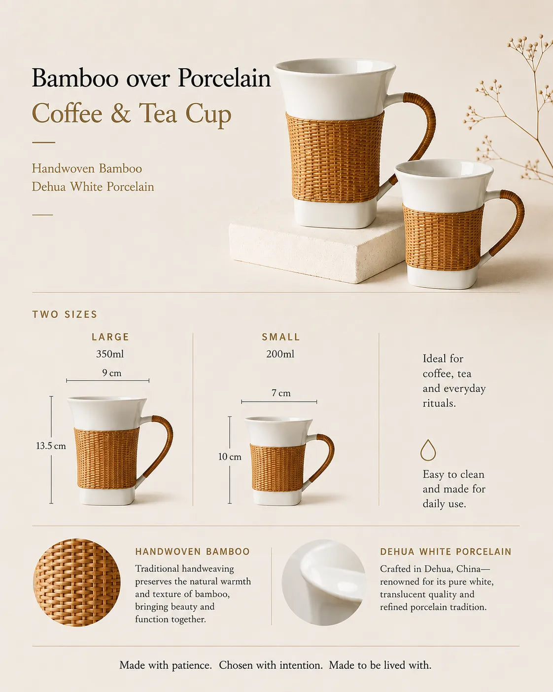 Size guide showing the dimensions and capacities of large and small Bamboo over Porcelain Coffee & Tea Cups.