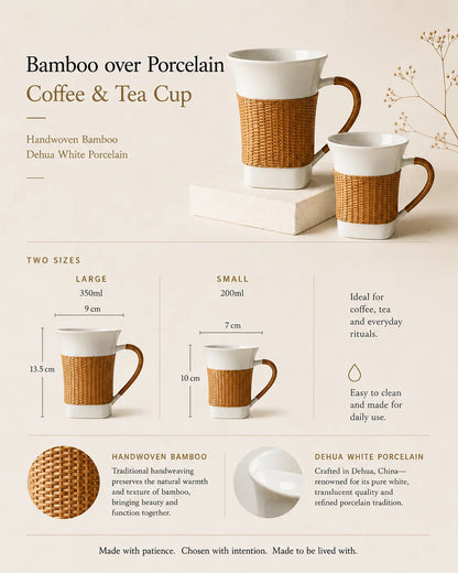 Size guide showing the dimensions and capacities of large and small Bamboo over Porcelain Coffee & Tea Cups.
