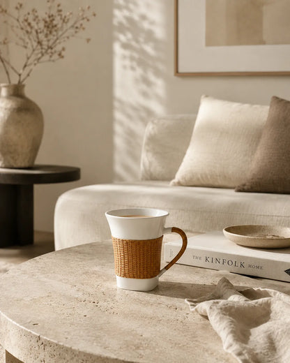 A Bamboo over Porcelain cup styled in a warm minimalist living room, reflecting quiet luxury, natural materials, and slow living aesthetics.