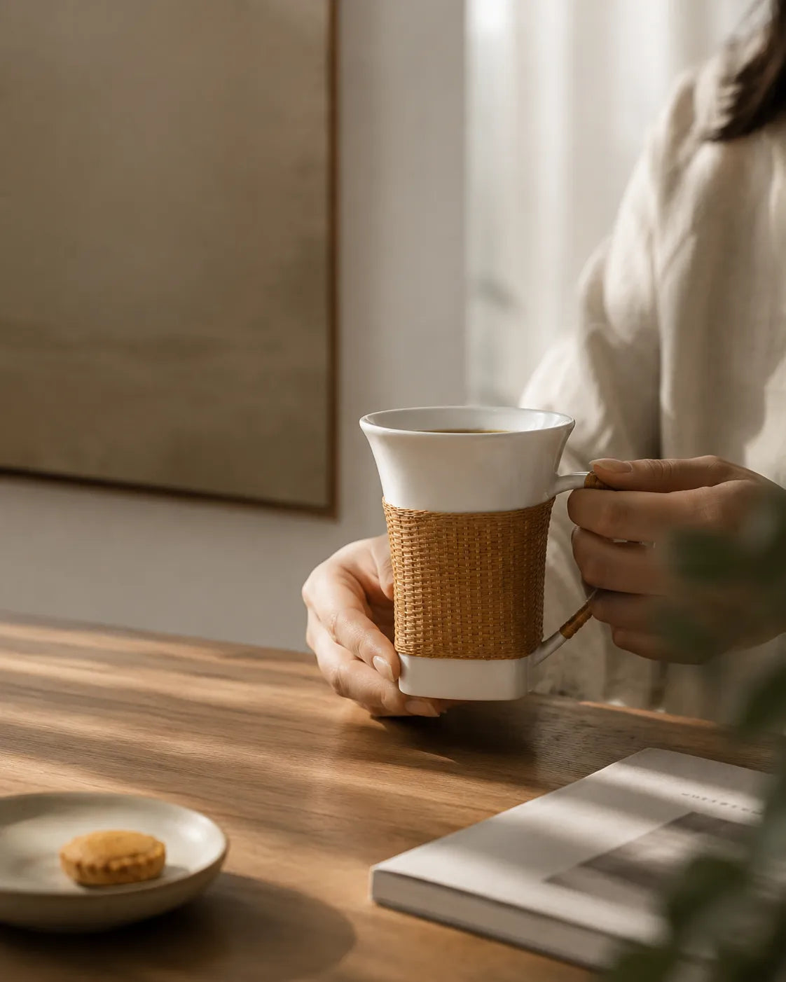 A handcrafted Bamboo over Porcelain cup placed in a calm morning setting, designed for slow rituals with coffee, tea, and everyday moments.