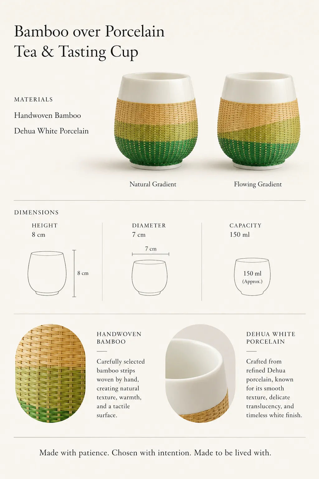 Bamboo over porcelain tea and tasting cup size guide showing height, diameter, capacity, materials, and color options.