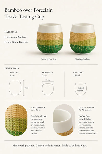 Bamboo over porcelain tea and tasting cup size guide showing height, diameter, capacity, materials, and color options.