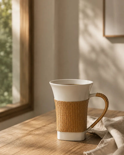 Handcrafted Bamboo over Porcelain Coffee & Tea Cup featuring handwoven bamboo and Dehua white porcelain craftsmanship.