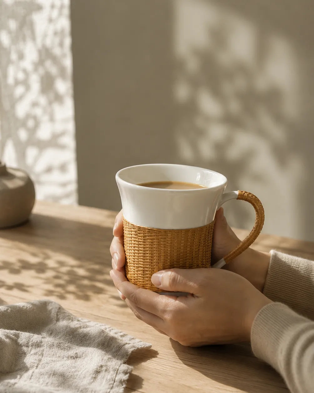 A hand holding a Bamboo over Porcelain cup showing the natural texture, warmth, and comfortable grip of handwoven bamboo.