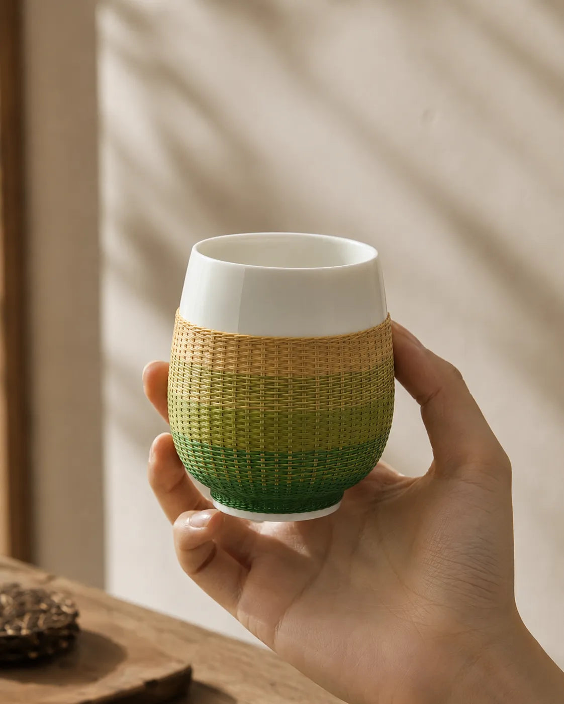 A hand holding a bamboo over porcelain tea cup, showing the tactile texture of woven bamboo and comfortable handcrafted design.