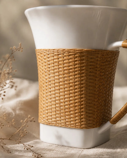 Close-up detail of handwoven bamboo texture paired with refined Dehua white porcelain, showing traditional craftsmanship and natural materials.