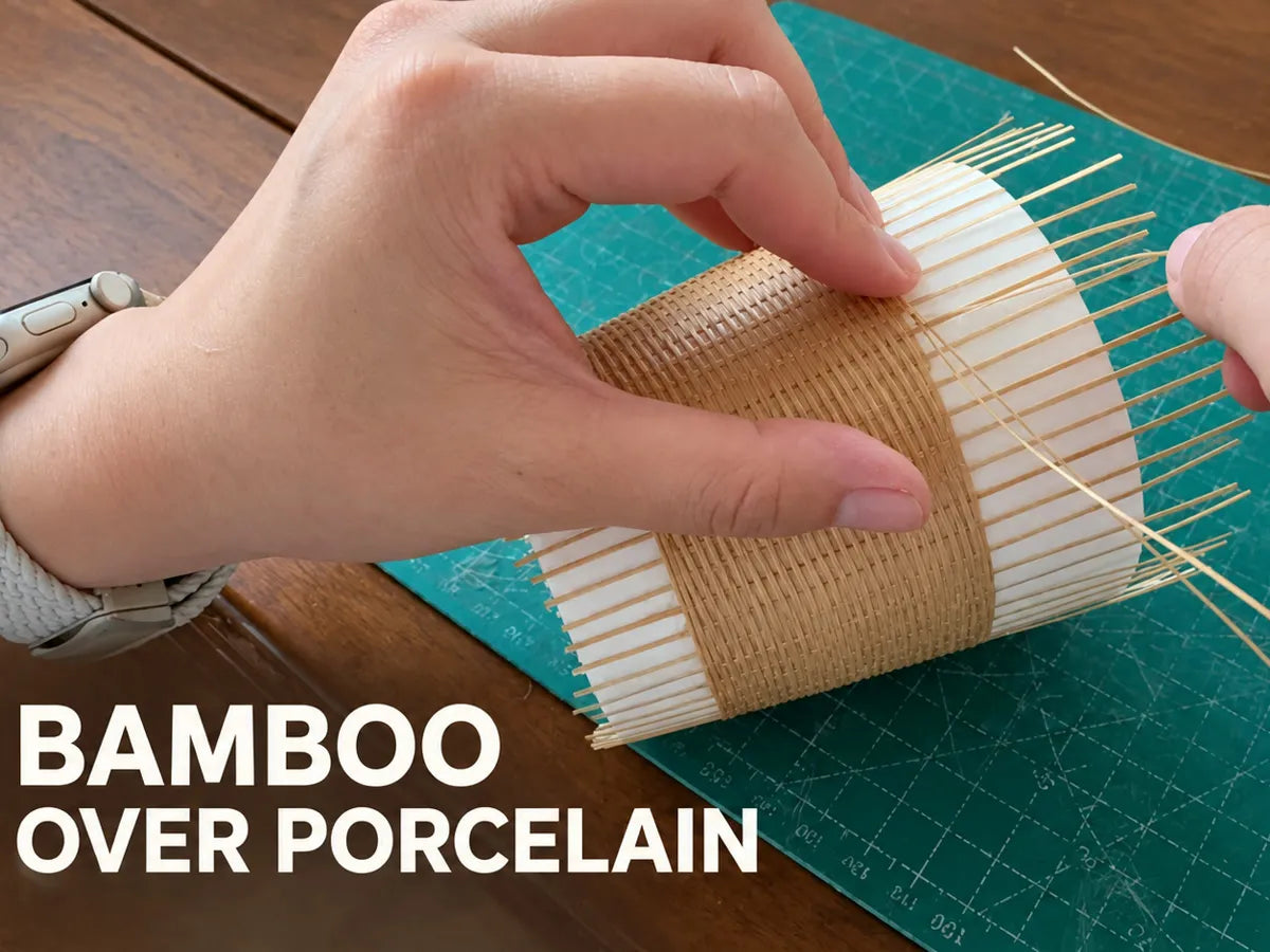 Load video: An artisan handweaving bamboo around a porcelain cup, then shaping, securing, trimming, and finishing the woven surface.
