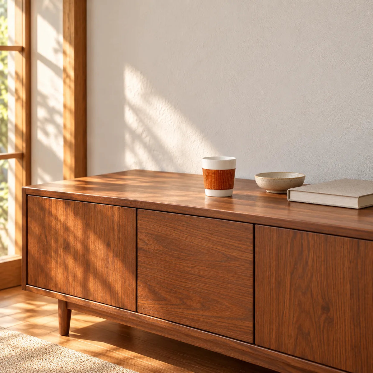 Baked Bamboo over Porcelain Daily Cup on a wooden sideboard beside a ceramic bowl and a book.