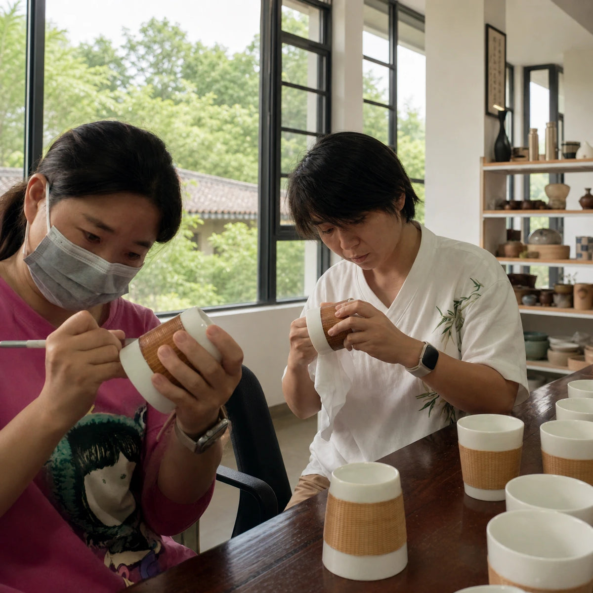 Two artisans hand-finishing bamboo over porcelain cups in the workshop