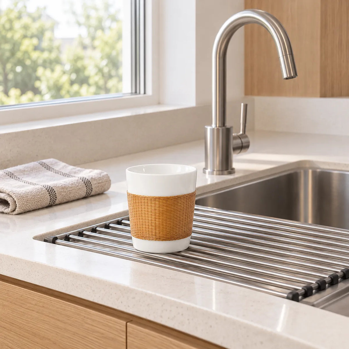 Natural bamboo-wrapped porcelain Daily Cup air-drying on a rack beside a kitchen sink.