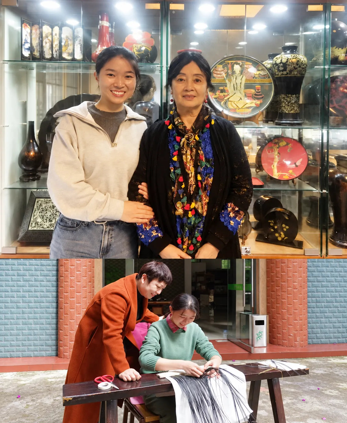 Liu Luolin with her lacquerwork teacher, and receiving guidance from her bamboo-weaving teacher.