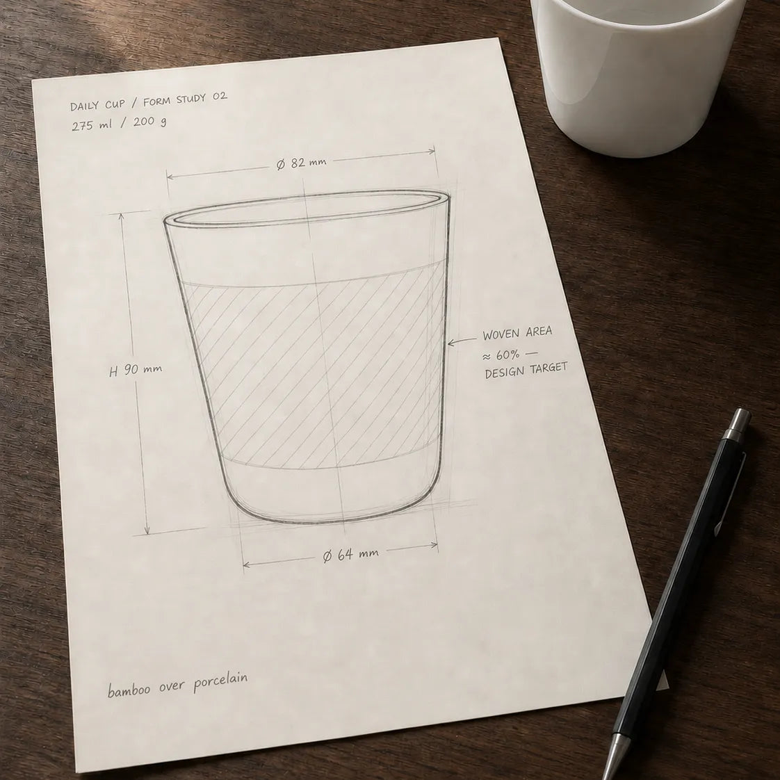 Daily Cup design drawing showing the cup profile, dimensions and bamboo coverage beside a porcelain cup and pen.