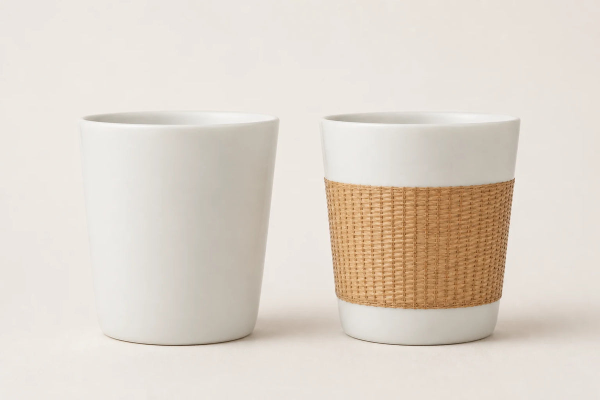 The Daily Cup shown as a bare Dehua porcelain body and as a finished bamboo-woven cup