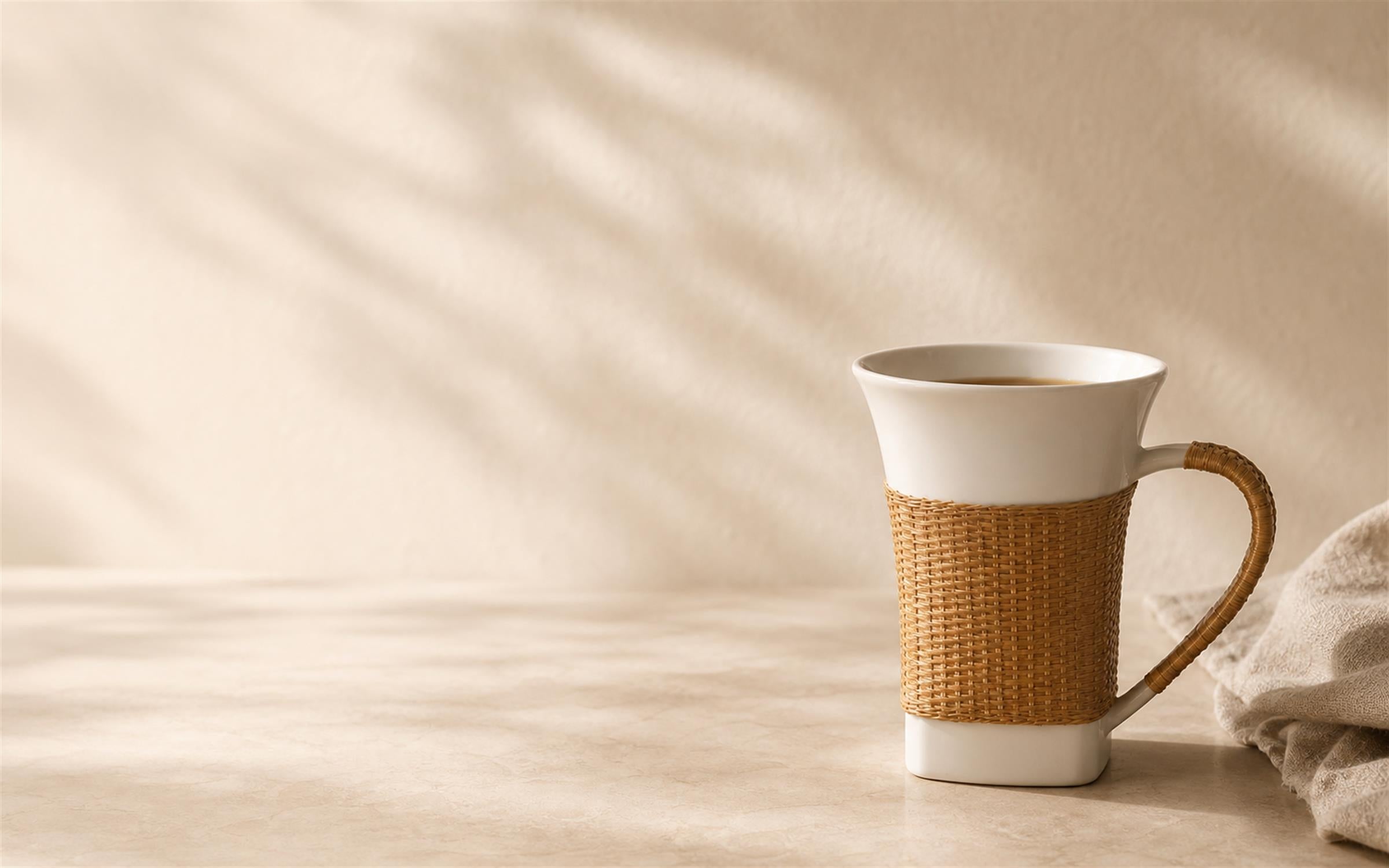 Handwoven bamboo over white porcelain coffee and tea cup in warm natural light.