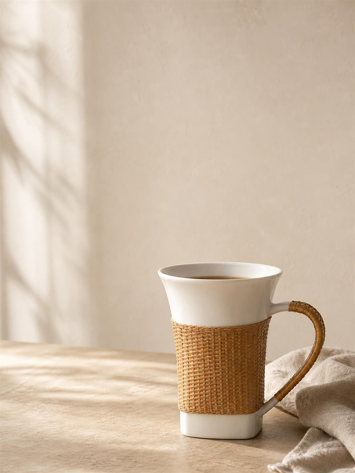 Handwoven bamboo over white porcelain coffee and tea cup in warm natural light.