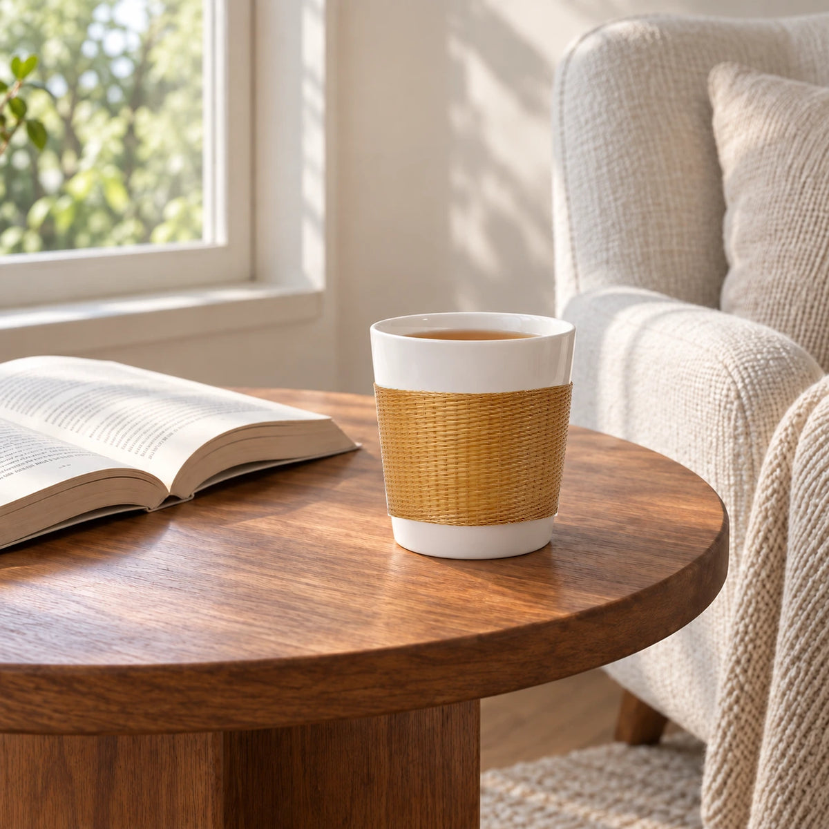THE YUNXI Daily Cup in Natural with tea, beside an open book on a wooden table near a window and upholstered armchair.