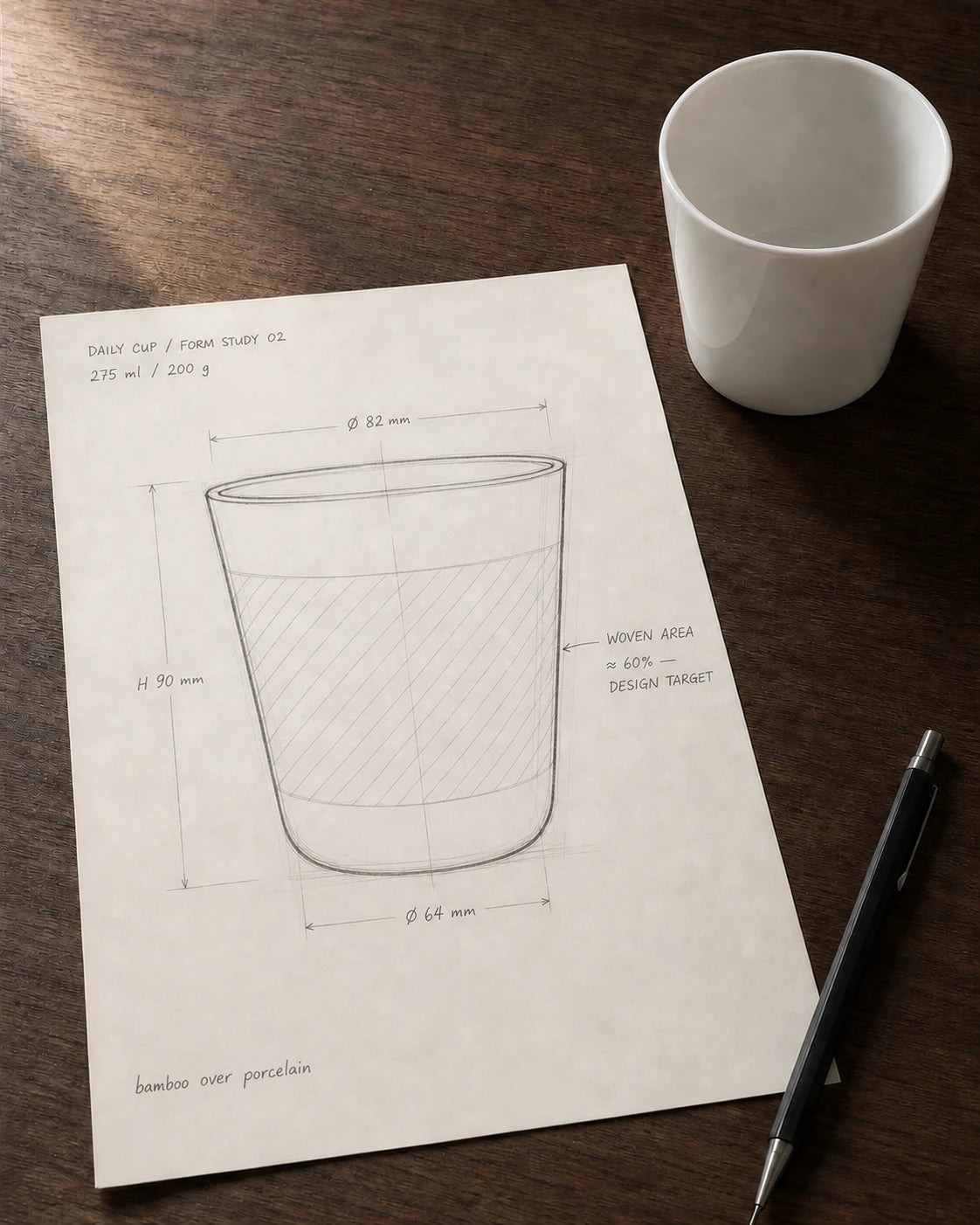Bamboo over Porcelain Daily Cup form and woven coverage design study